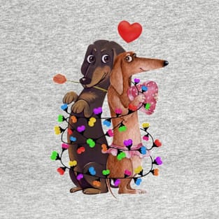 Dachshund Couple With Color Lights Happy Valentine's Day T-Shirt